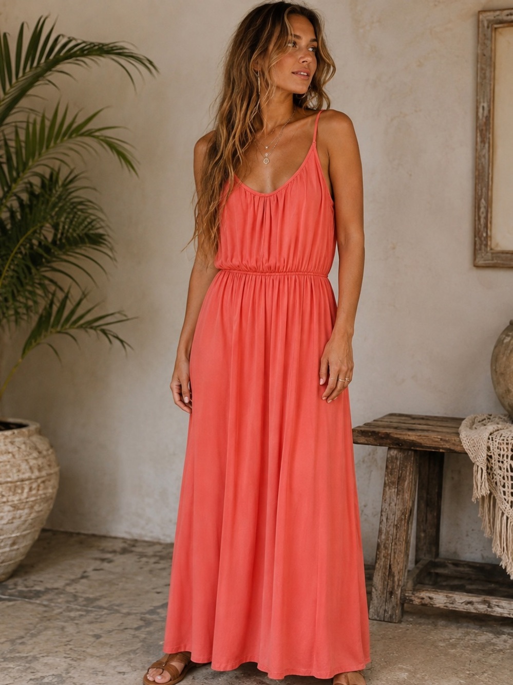 Coral Viscose Stretch Spaghetti Strap Maxi Dress